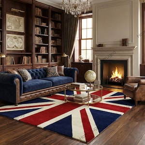 Puede incluir: Salón de lujo con un sofá Chesterfield azul marino, una alfombra Union Jack y una chimenea. La habitación está amueblada con estanterías, una lámpara de araña y un sillón de cuero. La alfombra mide aproximadamente 200 x 300 cm.