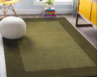 Alfombra verde tejida a mano, alfombra con borde verde oliva, alfombra moderna minimalista de 2,4 x 3 metros, alfombra de lana maciza, alfombra para sala de estar o dormitorio.
