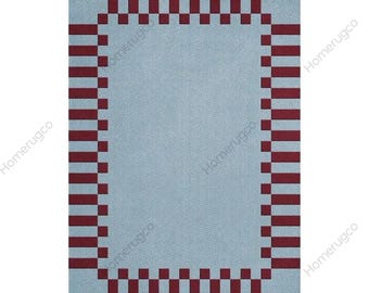 Alfombra tejida a mano con borde a cuadros, alfombra geométrica roja y azul, decoración retro original para dormitorio, alfombra estética personalizada de 6x8 pies.