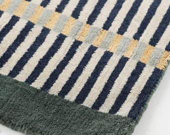 Alfombra de lana a rayas tejida a mano de 2,1 x 3 m, moderna, con diseño geométrico azul y verde, ideal para sala de estar o dormitorio, y para cubrir cualquier espacio.