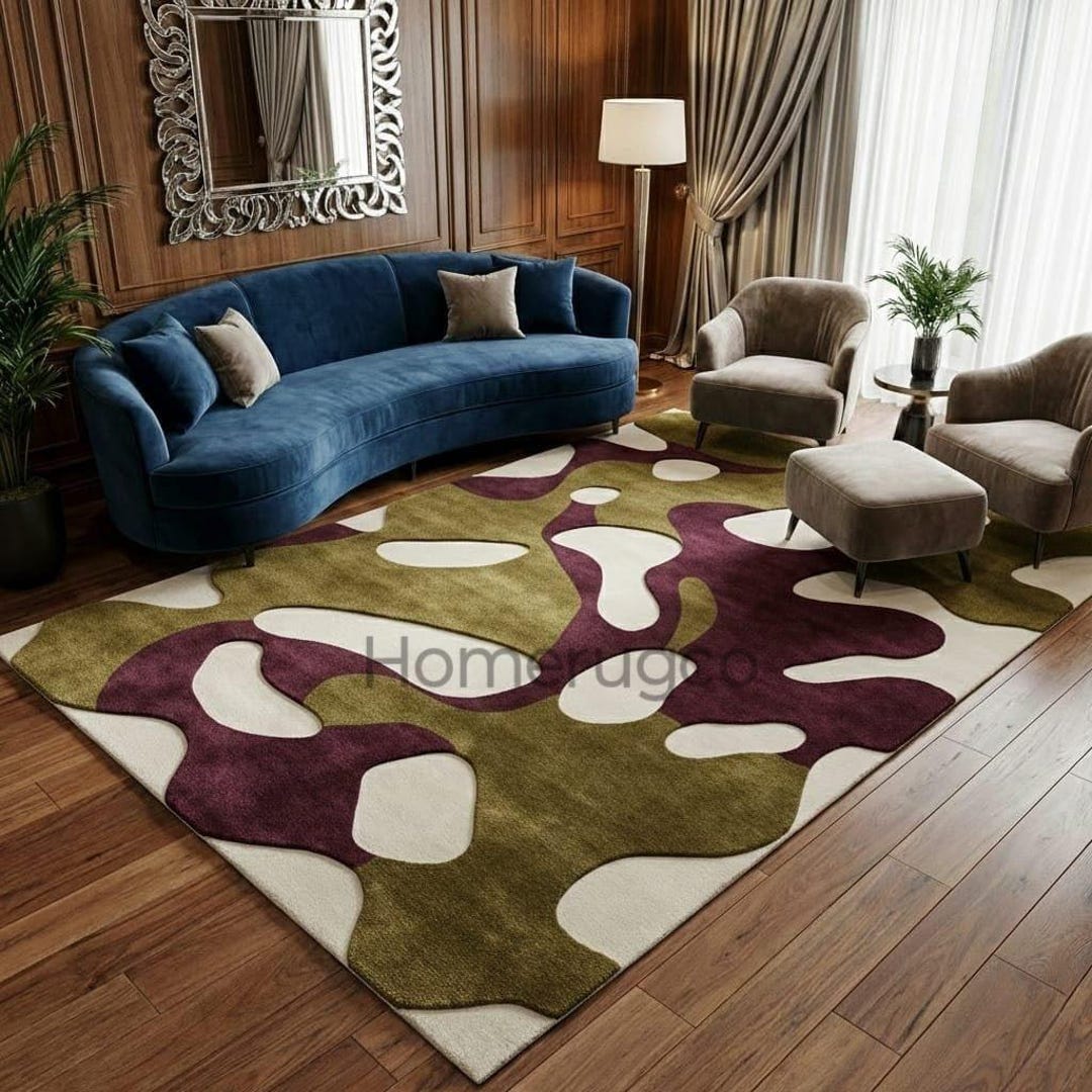 Handmade Abstract Tufted Rug - Olive Green, Burgundy & Cream Organic ...