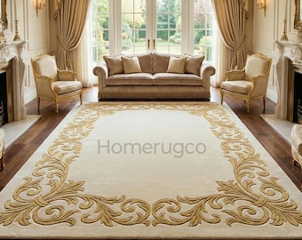 Alfombra de lana tejida a mano, alfombra floral color marfil y dorado, alfombra grande de lujo para sala de estar, alfombra tradicional hecha a mano a medida de 7 x 10 pies / 8 x 10 pies / 9 x 12 pies.