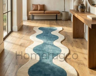 Alfombra de pasillo ondulada hecha a mano, alfombra abstracta azul crema para pasillo, decoración escandinava