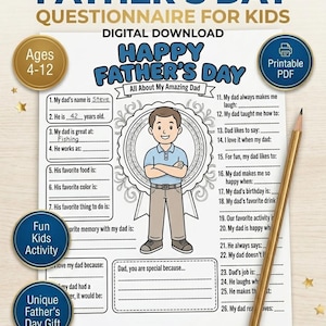 Cuestionario imprimible para el Día del Padre: Todo sobre mi papá (página para colorear en PDF). Hoja de trabajo para entrevistar a papá (descarga instantánea).