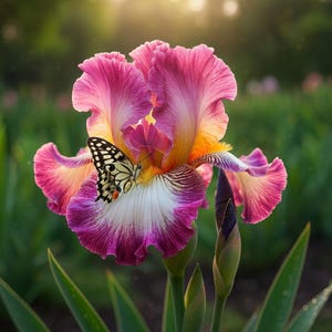 Puede incluir: Primer plano de una vibrante flor de iris con pétalos rosas, morados y amarillos. Una mariposa con marcas negras y amarillas descansa sobre la flor. Hojas y capullos verdes son visibles en el fondo, con suave luz solar.