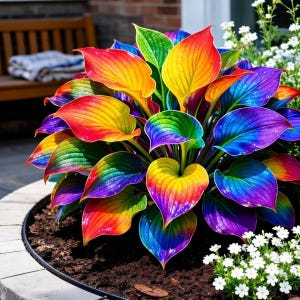 Könnte beinhalten: Eine farbenfrohe Hosta-Pflanze mit großen, herzförmigen Blättern. Die Blätter zeigen Farbtöne von Rot, Orange, Gelb, Grün und Blau. Die Pflanze steht in einem runden Steintopf mit dunkler Erde, und weiße Blumen sind im Hintergrund.