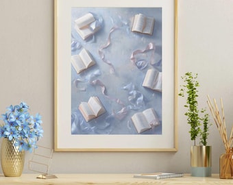 Dreamy Books and Ribbons Wall Art | Whimsical Reading Nook Decor (Digital Download)
