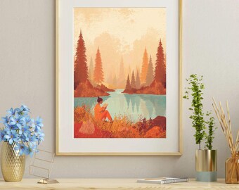 Reading by Lake Wall Art | Autumn Forest Scene, Book Lover Print (Digital Download)