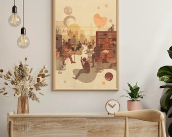 Library Scene Print | Cozy Readers, Book Club Art (Digital Download)