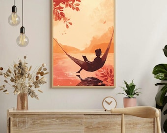 Sunset Lake Wall Art | Peaceful Reading Nook Decor | Relaxing Summer Print