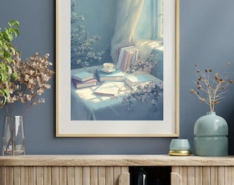 Soft Cottagecore Books and Tea Print | Blue Bookish Wall Art (Digital Download)