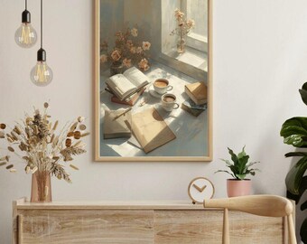 Cozy Reading Nook Art Print | Books, Coffee, Flowers (Digital Download)