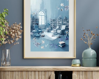 Blue Library Wall Art | Cozy Reading Room, Book Lover Print (Digital Download)