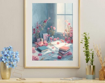 Romantic Reading Nook Decor | Cottagecore Book Lover Print | Books and Flowers Digital Download
