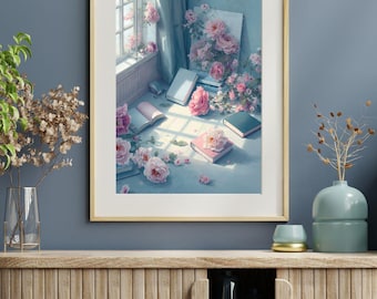Romantic Book & Floral Wall Art  | Cozy Reading Nook Decor |  Cottagecore Library Art | Digital Download