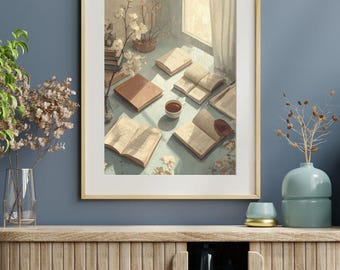 Cozy Reading Nook Art Print | Books, Tea, Sunlight (Digital Download)
