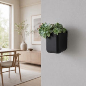 May include: A black, wall-mounted planter filled with green succulents. The planter has a square shape with rounded corners and is mounted on a light gray wall. The image is taken in a well-lit room with a dining table and a window in the background.