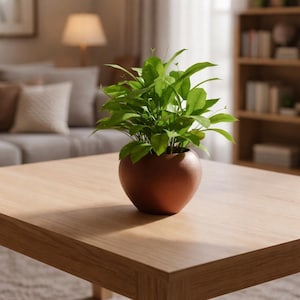 May include: A houseplant with bright green foliage in a spherical, brown ceramic pot. The plant is placed on a light-coloured wooden coffee table. The background features a sofa, lamp, and bookshelf, suggesting a living room setting.