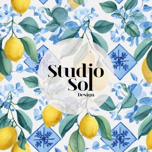 May include: Watercolor pattern featuring lemons, blue flowers, and green leaves on a white background. The design includes blue and white tile-like squares. The text "Studio Sol Design" is overlaid on the image.