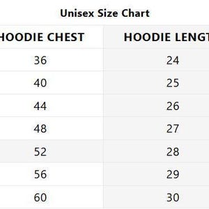 Op de afbeelding: Unisex maattabel voor hoodies. Bevat maten van XS tot XXXL, met borstomvang, hoodie-borst, hoodie-lengte en mouwmaten in inches.