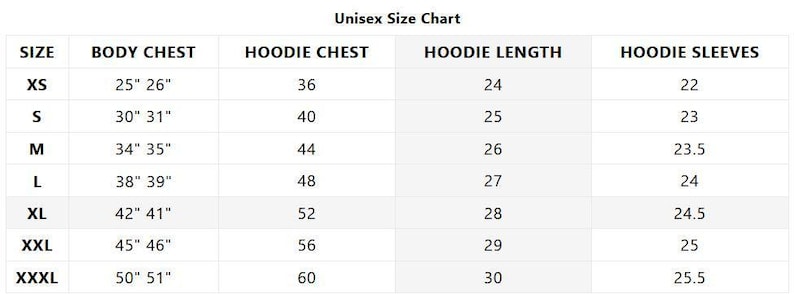 Op de afbeelding: Unisex maattabel voor hoodies. Bevat maten van XS tot XXXL, met borstomvang, hoodie-borst, hoodie-lengte en mouwmaten in inches.