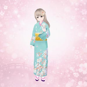 May include: A digital illustration of a person in a light teal kimono with floral patterns. The kimono has a gold obi and pink accents. The background is a soft pink with cherry blossom details.