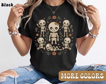 Cute Spooky Season Shirt, Dancing Skeleton Flower Tee, Boho Halloween Graphic T-Shirt, Floral Skeleton Women Top, Aesthetic Fall Outfit