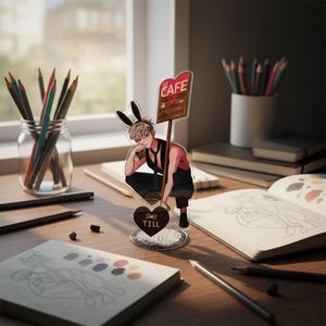 Op de afbeelding: Een heldere acryl stand-up figuur met een anime-stijl karakter met konijnenoren, met een bord met de tekst "CAFE coffee dessert". De basis is hartvormig met het woord "TILL". Potloden en schetsboeken op de achtergrond.