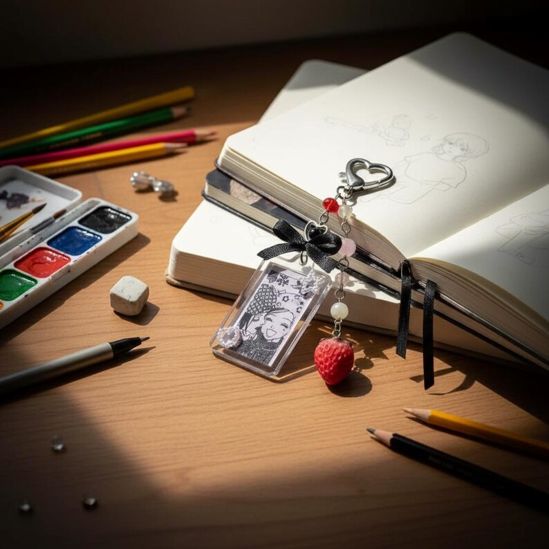 May include: A clear acrylic keychain with a black and white illustration of a woman, adorned with a black bow, beads, and a red strawberry charm. The keychain hangs near an open notebook, pencils, and watercolor paints on a wooden surface.