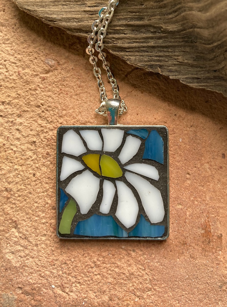 blue daisy pendant silver mini mosaic art white Mosaic necklace stained glass