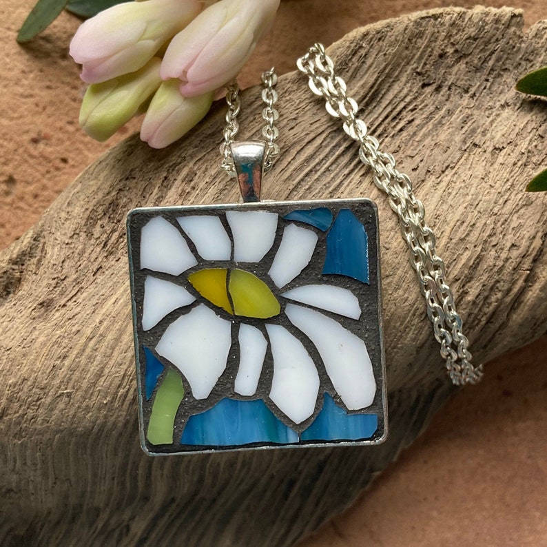 blue daisy pendant silver mini mosaic art white Mosaic necklace stained glass
