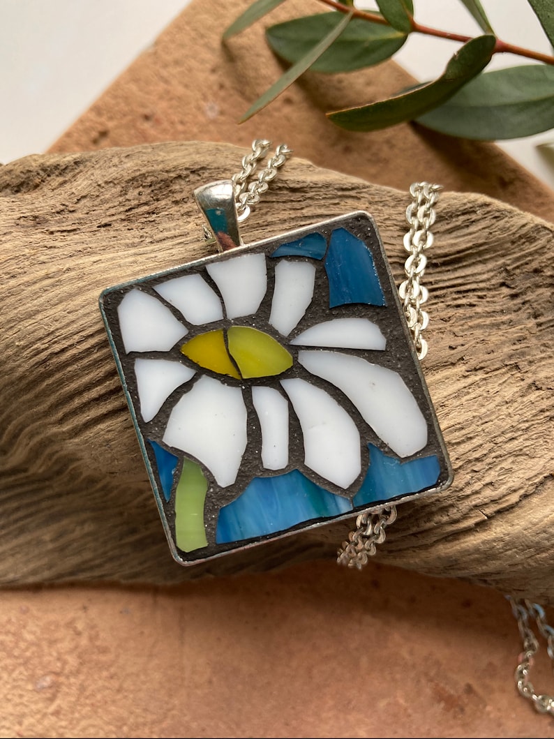 blue daisy pendant silver mini mosaic art white Mosaic necklace stained glass