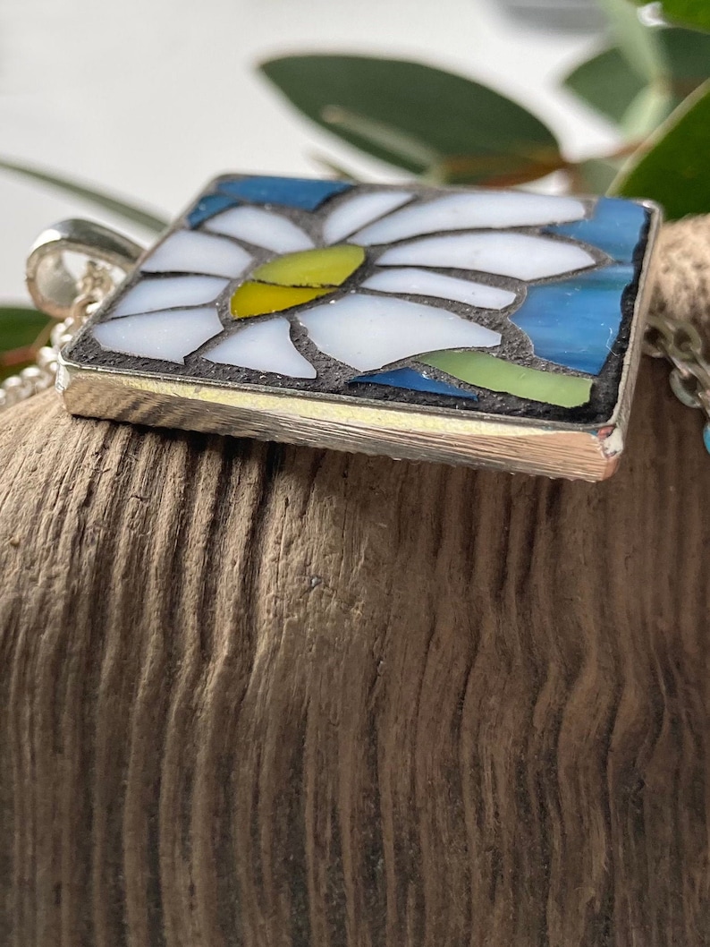blue daisy pendant silver mini mosaic art white Mosaic necklace stained glass