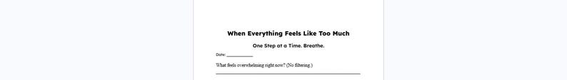 May include: A white journal page with the text "When Everything Feels Like Too Much" and "One Step at a Time. Breathe." Includes prompts for the date and a question about feelings.