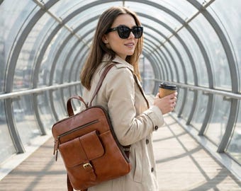Handcrafted Brown Leather Rucksack Backpack Purse for Women – Vintage Style Travel Backpack, Handmade Full Grain Leather Daypack.
