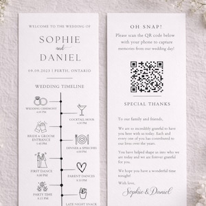 May include: Wedding invitation with a timeline and QR code. The white card features black text, including the names Sophie and Daniel, the wedding date, and a schedule. Floral accents are visible around the invitation.