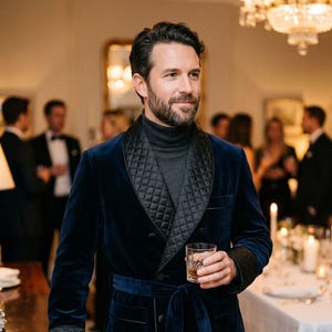 May include: A navy blue velvet smoking jacket featuring a black quilted shawl collar, matching quilted cuffs, and a self-tie belt. The jacket is worn over a dark gray turtleneck sweater, creating a layered look with a soft, textured finish.