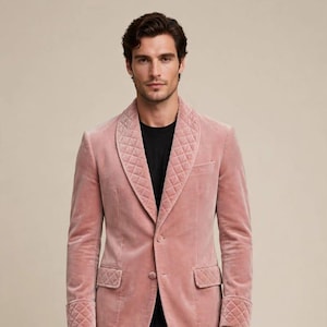 Pink Velvet Jacket for Men, Quilted Shawl Collar Smoking Jacket, Luxury Dinner Blazer, Handmade Formal Party Wear, Elegant Evening Jacket