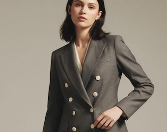 Women's Gray Double Breasted Tailored Pantsuit Set, Elegant Business Blazer Trousers