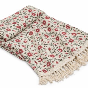 Premium Hand Block Print Cotton Throw Blanket, Indian Floral Tassels, Boho Decor