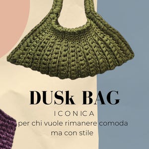 May include: Olive green Dusk Bag with a woven texture and braided handles. The bag has a wide, open design. The text "DUSK BAG" is displayed in a bold font, with additional text below. The background is a mix of cream, pink, and blue.