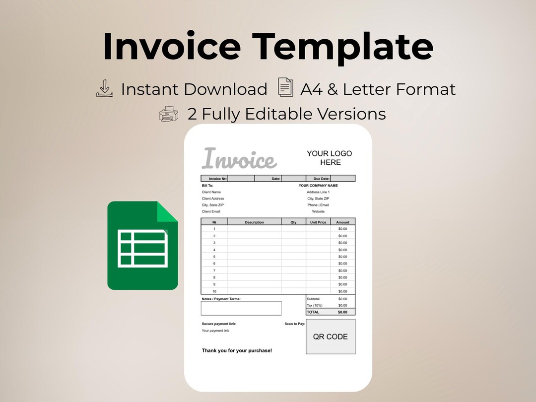 Editable Invoice Template Google Sheets | Printable Invoice | Small ...