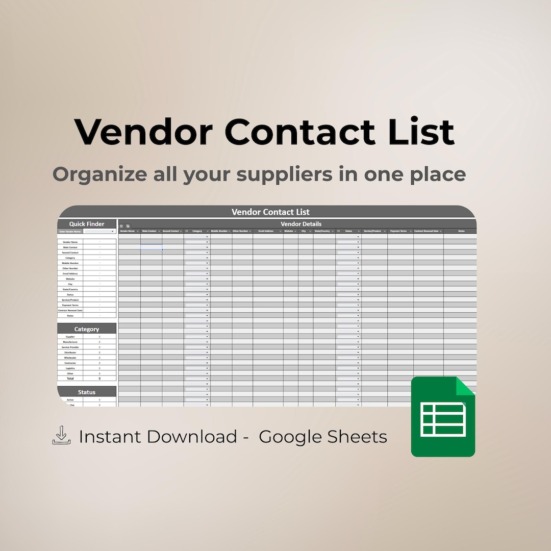 Vendor Contact List Spreadsheet | Supplier Database Template | Vendor ...