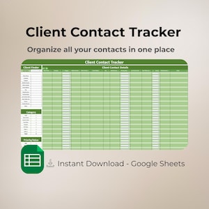 Puede incluir: Una plantilla digital de Client Contact Tracker en verde y blanco, diseñada para organizar contactos. La imagen incluye el texto "Client Contact Tracker" y "Organice todos sus contactos en un solo lugar". También presenta un icono verde con un documento y el texto "Instant Download - Google Sheets."