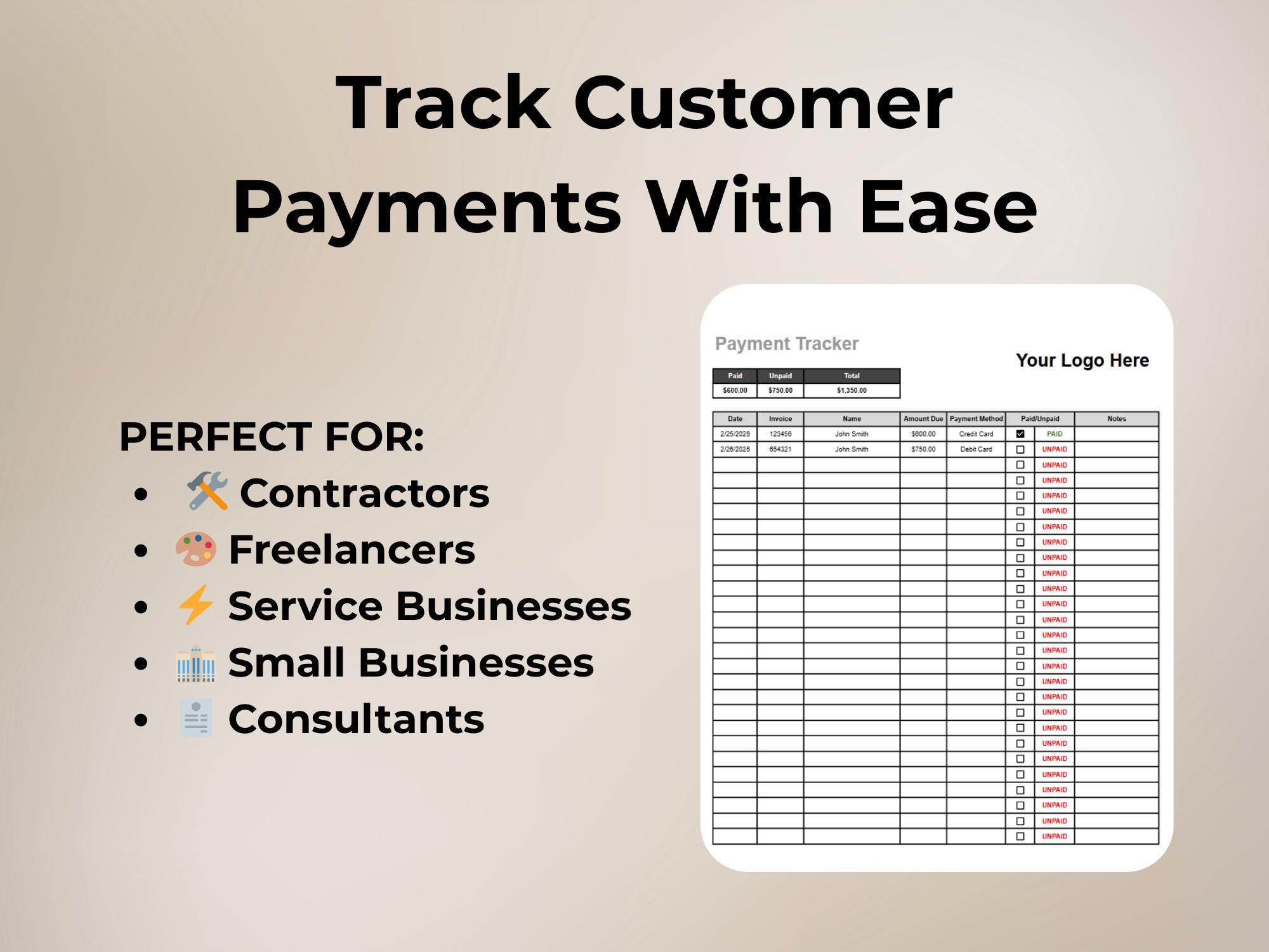 Editable Payment Tracker Google Sheets | Invoice Payment Log | Small ...