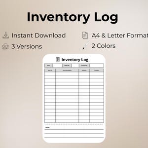 May include: A white inventory log template with a black border. The title "Inventory Log" is at the top. The template includes fields for date, item number, item description, quantity, and location. The image also includes the text "Instant Download", "3 Versions", "A4 & Letter Format", and "2 Colors".