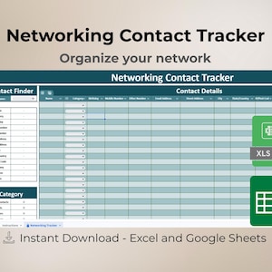 Pode incluir: Um modelo de folha de cálculo digital intitulado "Networking Contact Tracker" com seções para detalhes de contato. A imagem inclui o texto "Organize sua rede" e "Download instantâneo - Excel e Google Sheets."