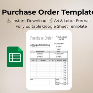 May include: A digital purchase order template with a white background and a green icon. The template includes fields for vendor information, item descriptions, quantities, and pricing. The text "Purchase Order Template" is at the top.
