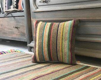 Handwoven unique throw pillow cover. Decorative handmade colorful wool cushion.