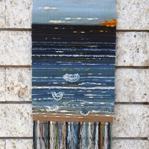 Woven wall hanging &quot;Sunrise&quot;, Blue wall art, Handwoven fiber art, Sea tapestry, Wall art decor, Textile wall hanging
